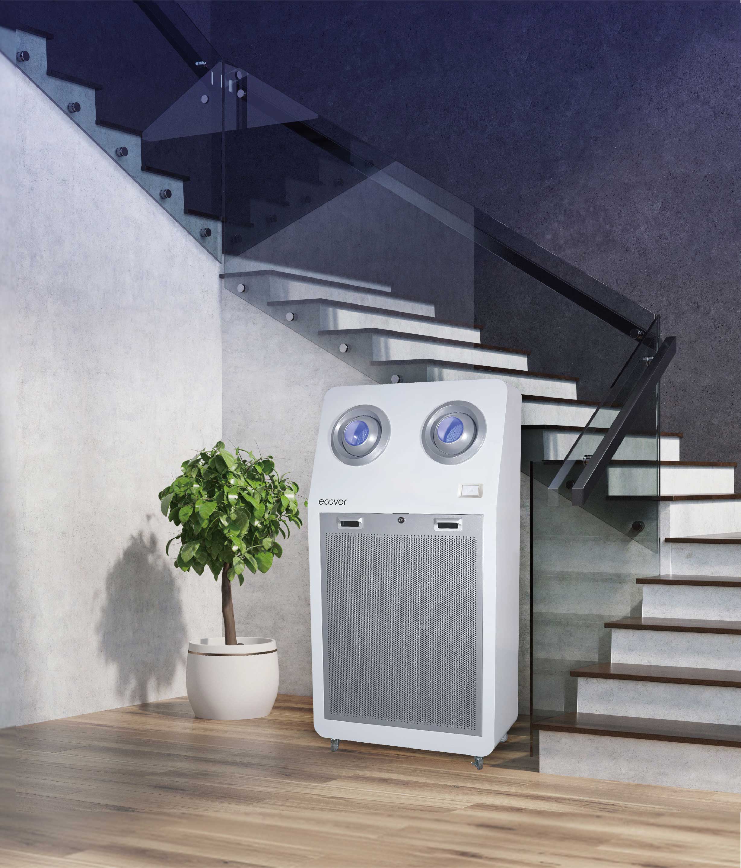 This image shows a Large Capacity Air Purifier Q Series inside a room, next to a staircase and a plant.